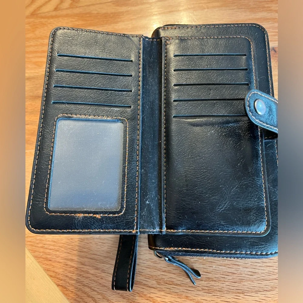 POL Black Leather Wristlet Phone Case with Zip and Snap